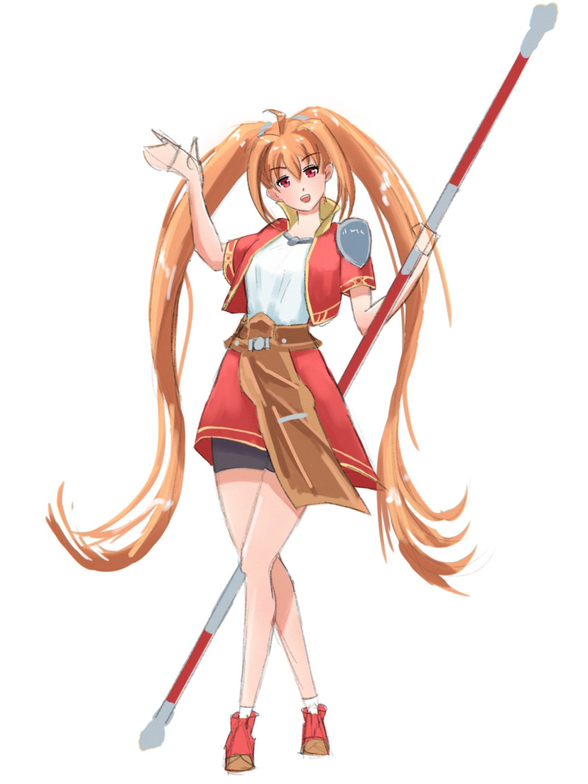 1girl, ahoge, antenna_hair, armor, bike_shorts, brown_hair, cropped_jacket, double-parted_bangs, eiyuu_densetsu, english_commentary, estelle_bright, full_body, hair_between_eyes, highres, holding, holding_staff, holding_weapon, long_hair, looking_at_viewer, open_mouth, pauldrons, r_thors, shoes, shorts, shoulder_armor, simple_background, single_pauldron, skirt, smile, sneakers, solo, sora_no_kiseki, staff, tachi-e, twintails, very_long_hair, weapon, white_background