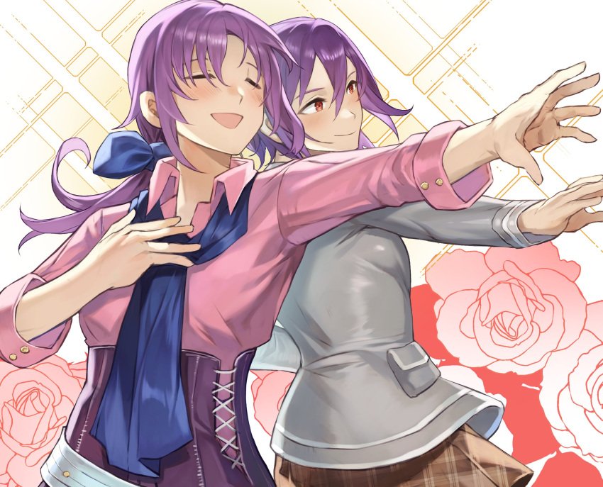 2girls, angelica_rogner, blue_bow, blue_necktie, bow, cancanbaobao55, closed_mouth, double-parted_bangs