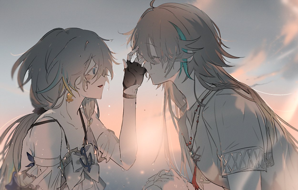 1boy, 1girl, anchor_ornament, black_gloves, bow, bowtie, closed_eyes, earrings