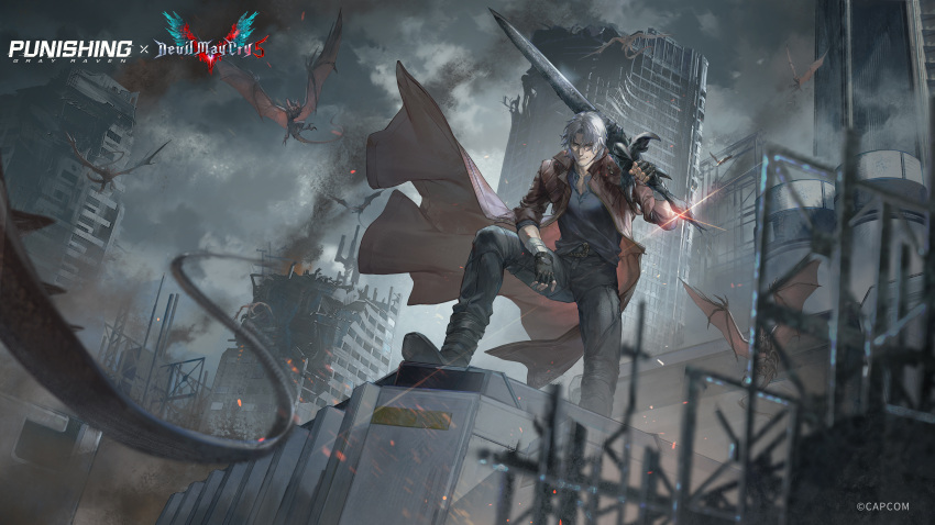 1boy, absurdres, belt, black_gloves, blue_eyes, closed_mouth, coat, dante_(devil_may_cry)