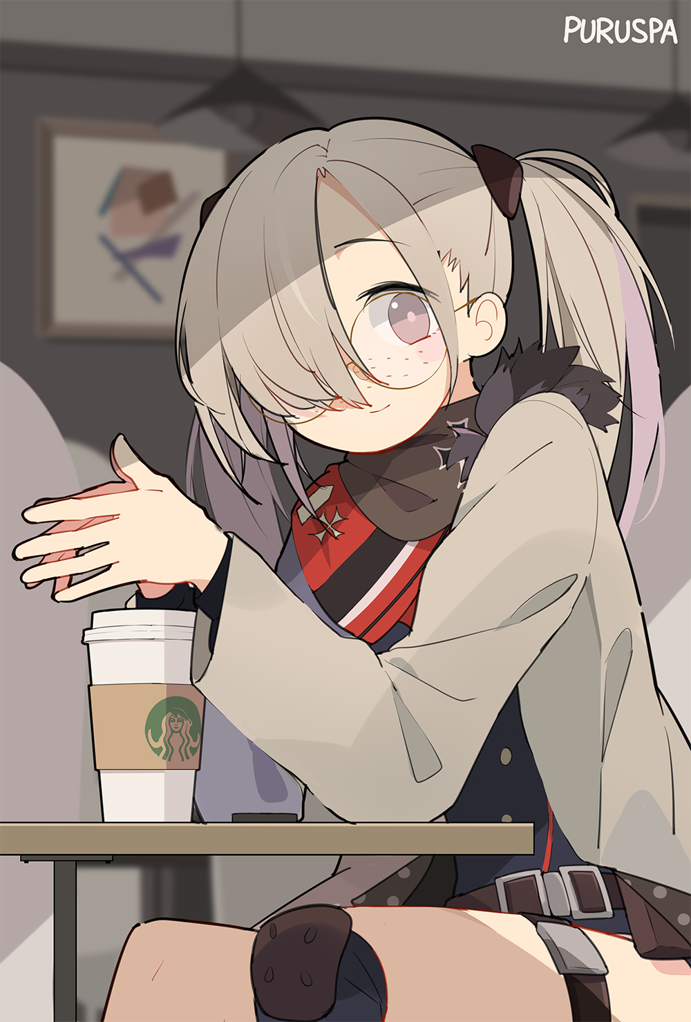 1girl, 33puruspa, belt, coffee, girls_frontline, highres, sitting, smile, solo, starbucks, twintails