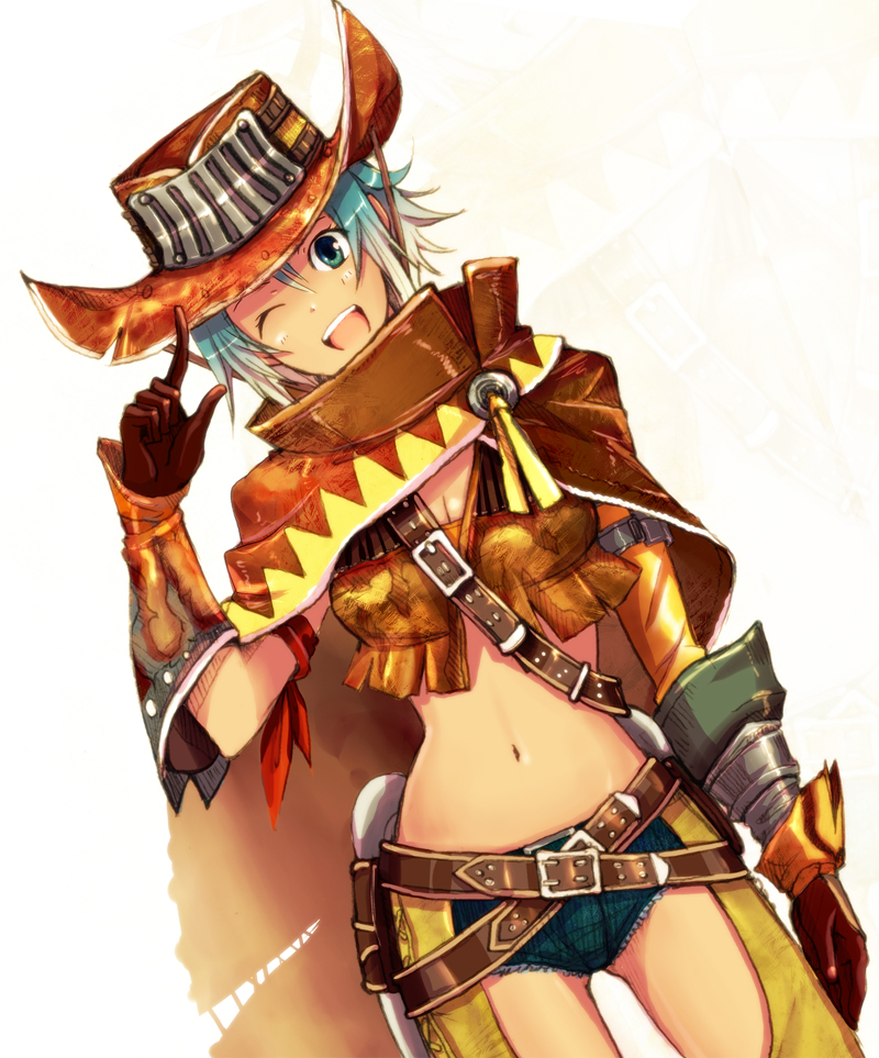 aqua_hair, armband, armlet, baku_(bakunooekaki), belt, beltskirt, breasts, cleavage, cowboy_hat, cutoffs, denim, denim_shorts, furogi_(armor), gauntlets, gloves, gradient_hair, green_eyes, hat, head_tilt, midriff, monster_hunter, monster_hunter_portable_3rd, multicolored_hair, navel, open_mouth, short_hair, short_shorts, shorts, solo, western, white_hair, wink, zoom_layer