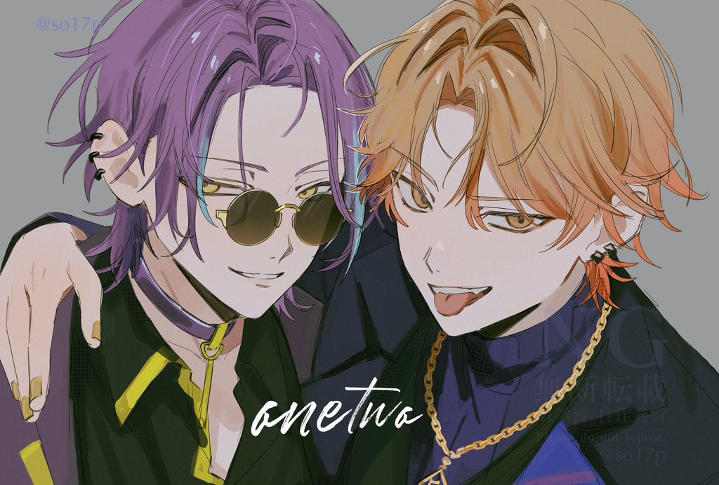 2boys, bespectacled, blue_hair, collared_shirt, commentary, deep_dark_for_light_(project_sekai), ear_piercing, english_text