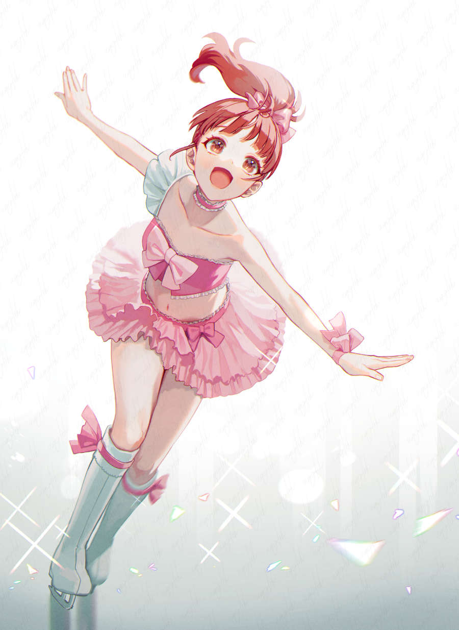 1girl, :d, akua, asymmetrical_sleeves, bare_arms, bow, choker, cropped_shirt
