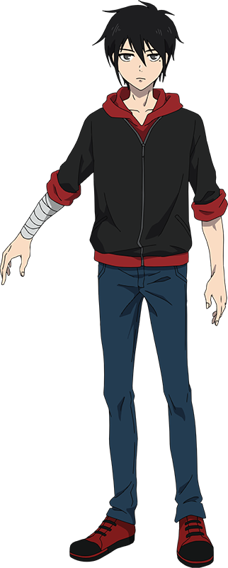 1boy, anime_coloring, bandaged_arm, bandages, black_hair, black_jacket, blue_pants, closed_mouth