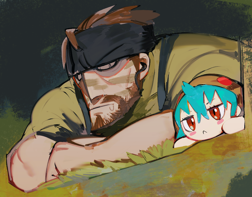 1boy, 1girl, aqua_hair, bandana, beard, big_boss, blush_stickers, brown_hair, camouflage, crossover, drooling, facial_hair, fumo_(doll), hair_between_eyes, headband, hood, hood_up, hoodie, kemono_friends, lying, metal_gear_(series), metal_gear_solid_3:_snake_eater, naked_snake, on_stomach, push-to-talk_device, raichiyo, short_hair, snake_hood, snake_print, striped_clothes, striped_hoodie, tropical_camouflage, tsuchinoko_(kemono_friends)