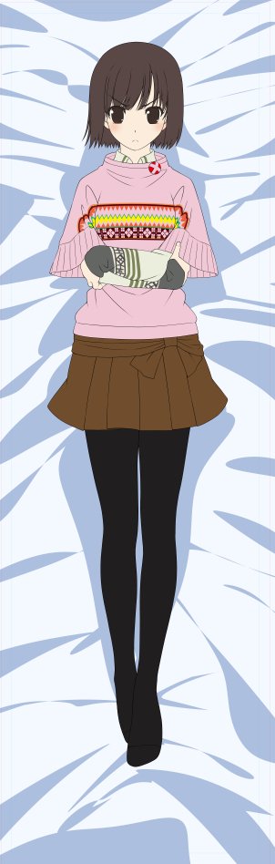 1girl, annoyed, bed_sheet, blush, brown_eyes, brown_hair, chaos;child, dakimakura_(medium), eibon, from_above, frown, full_body, long_sleeves, looking_at_viewer, lying, narrowed_eyes, no_shoes, on_back, pantyhose, science_adventure, short_hair, solo, tachibana_yui