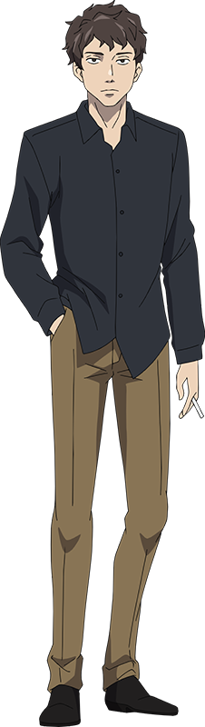 1boy, anime_coloring, black_shirt, black_shoes, brown_hair, brown_pants, cigarette, closed_mouth