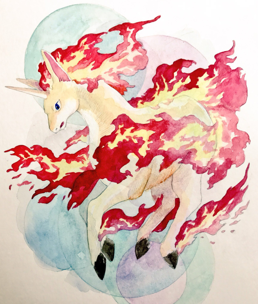 animal_focus, blue_eyes, fire, flare_blitz_(pokemon), full_body, highres, mint_nappa, no_humans, open_mouth, pokemon, pokemon_(creature), pokemon_move, rapidash, solo