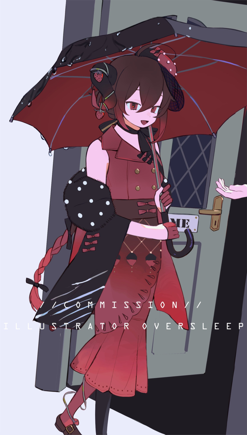 1girl, absurdres, braid, brown_hair, choker, demon_horns, door, dress, fishtail_dress, full_body, gloves, gradient_hair, hair_between_eyes, hair_ornament, half_gloves, hat, highres, holding, holding_umbrella, horns, long_dress, mermaid_dress, multicolored_hair, open_door, open_mouth, original, oversleep, red_eyes, red_gloves, red_hair, red_shoes, red_skirt, red_umbrella, shoes, short_hair, skirt, sleeveless, sleeveless_dress, smile, umbrella