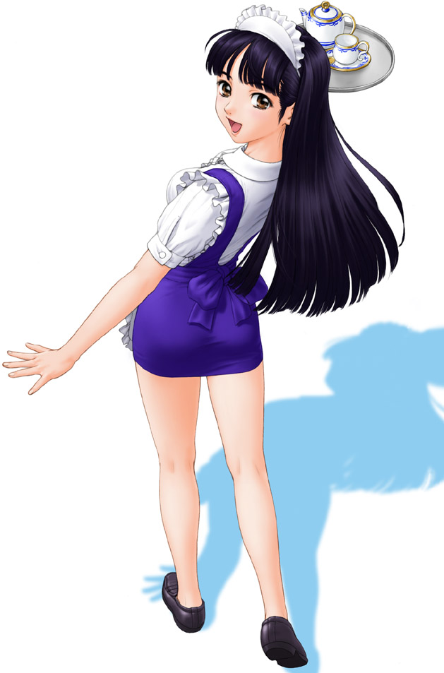 1girl, apron, archived_source, bare_legs, black_hair, brown_eyes, collared_shirt, cup