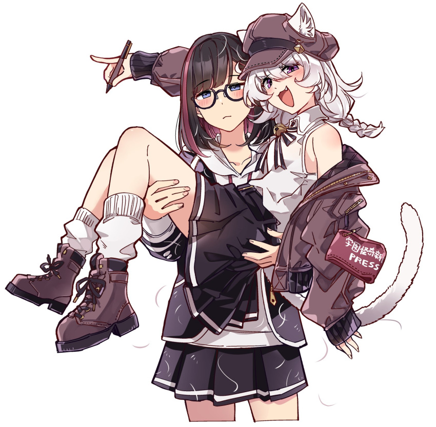 2girls, animal_ears, armband, black_boots, black_hair, black_skirt, blue_eyes, boots, braid, carrying, cat_ears, cat_tail, commentary_request, dress, glasses, grey_jacket, hat, highres, hood, hooded_sweater, ido_(teketeke), jacket, kemonomimi_mode, lace-up_boots, long_hair, multicolored_hair, multiple_girls, newsboy_cap, occult_times, original, pleated_dress, princess_carry, simple_background, single_braid, skirt, socks, streaked_hair, sweater, tail, violet_eyes, white_background, white_hair, white_socks