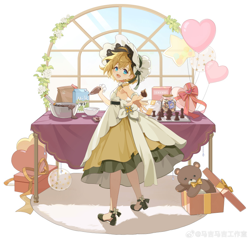 1girl, :d, absurdres, ankle_flower, ankle_ribbon, arched_window, bag, balloon