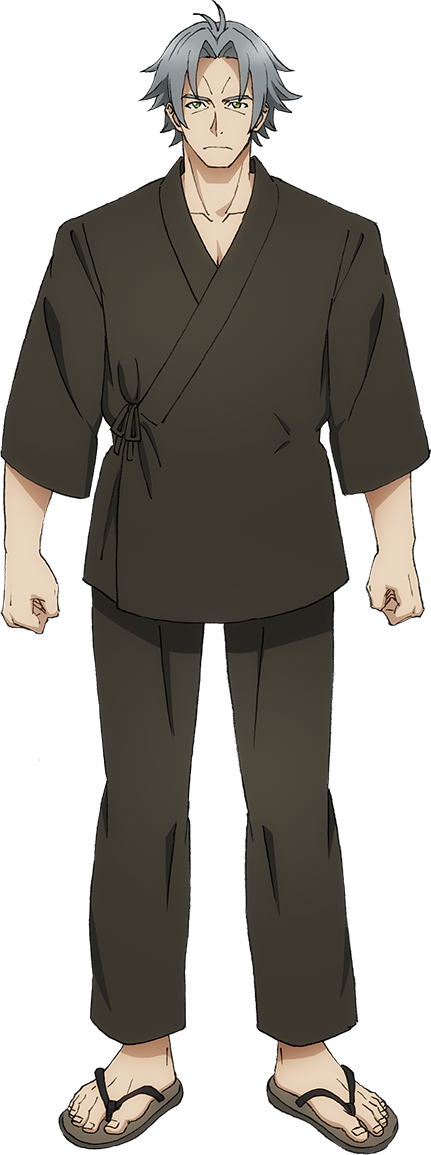 1boy, ahoge, anime_coloring, brown_kimono, brown_pants, clenched_hands, closed_mouth, collarbone