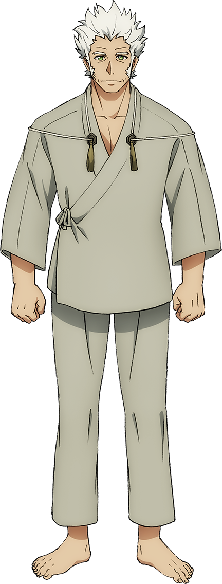 1boy, anime_coloring, barefoot, brown_kimono, brown_pants, clenched_hands, closed_mouth, collarbone