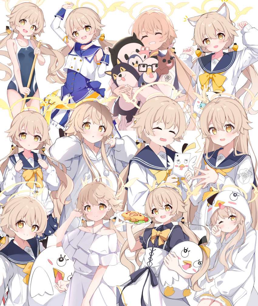1girl, absurdres, backpack, bag, blue_archive, cardigan, closed_eyes, detached_sleeves