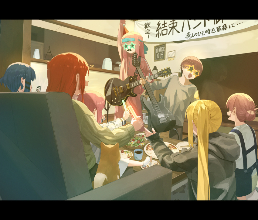 1boy, 6+girls, absurdres, ahoge, banner, black_hoodie, blonde_hair, blue_hair