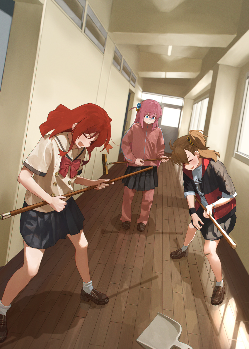 3girls, absurdres, adidas, ahoge, black_jacket, black_skirt, blush, bocchi_the_rock!