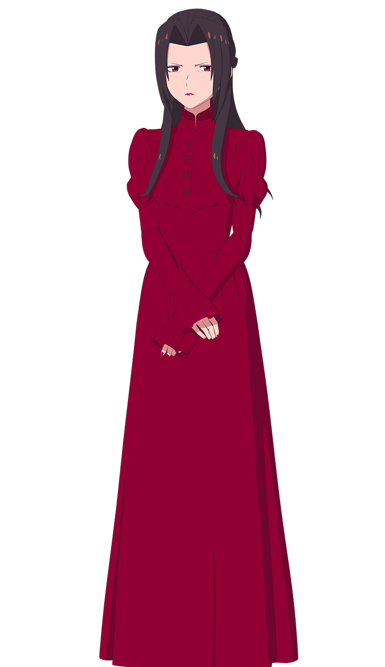 1girl, anime_coloring, brown_hair, closed_mouth, collared_dress, curtained_hair, dress, full_body, gerbera_(shinigami_bocchan_to_kuro_maid), highres, juliet_sleeves, kuwabata_mitsuru, lips, long_hair, long_sidelocks, long_sleeves, looking_at_viewer, official_art, puffy_long_sleeves, puffy_sleeves, red_dress, red_eyes, shinigami_bocchan_to_kuro_maid, sidelocks, simple_background, solo, standing, tachi-e, transparent_background, v-shaped_eyebrows, wide_sleeves