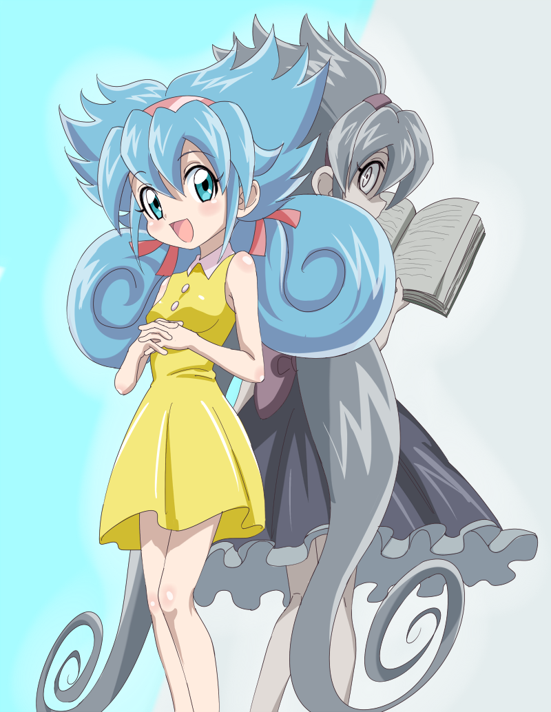 1girl, aqua_eyes, aqua_hair, book, dress, dual_persona, duel_masters, frilled_dress