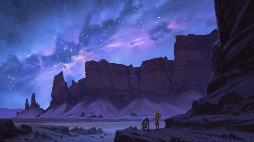 astromech_droid, c-3po, cliff, desert, highres, landscape, night, outdoors