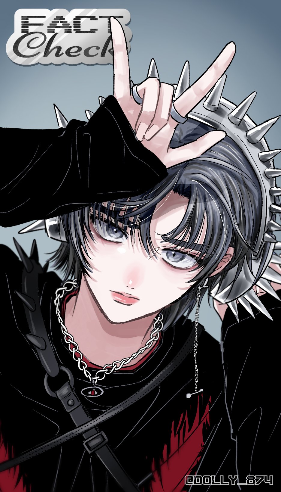 1boy, collar, dolly_874, earrings, fact_check_(nct_127), grey_eyes, grey_hair, headphones