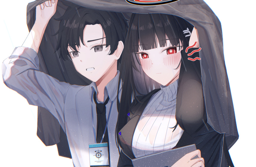 1boy, 1girl, absurdres, black_eyes, black_hair, black_halo, black_jacket, black_necktie