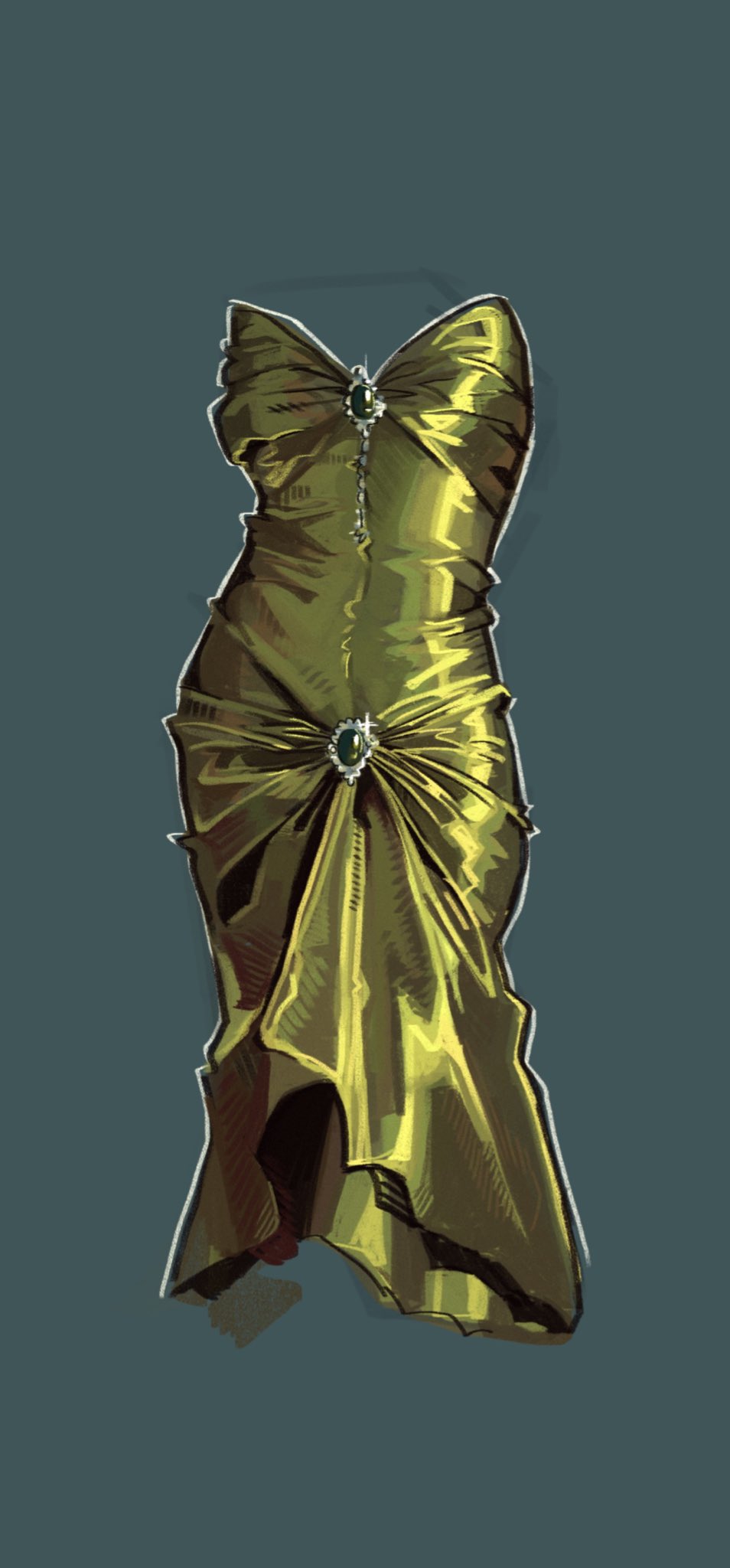 art_study, clothes_focus, dress, gem, green_dress, green_gemstone, highres, invisible, material_study, no_humans, original, shiny_clothes, simple_background, spideraari, strapless, strapless_dress