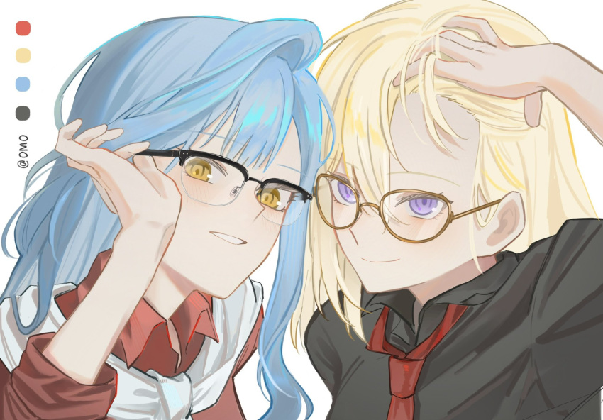 2girls, bang_dream!, bang_dream!_it's_mygo!!!!!, black-framed_eyewear, black_shirt, blonde_hair, blue_hair, brown-framed_eyewear, commentary, glasses, highres, long_hair, misumi_uika, multiple_girls, necktie, omo_cccc, over-rim_eyewear, red_necktie, red_shirt, semi-rimless_eyewear, shirt, simple_background, symbol-only_commentary, togawa_sakiko, upper_body, violet_eyes, white_background, yellow_eyes