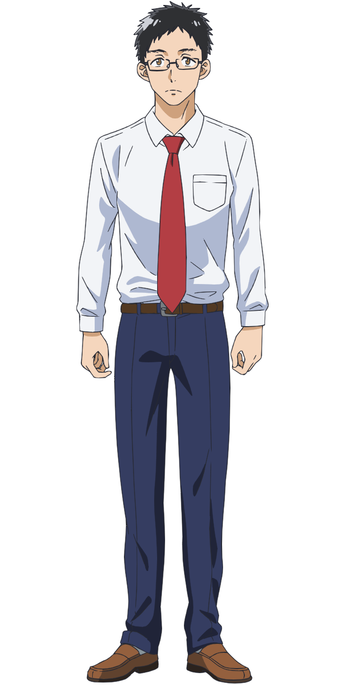1boy, anime_coloring, ao_no_orchestra, belt, black_hair, blue_pants, brown_belt, brown_eyes, closed_mouth, collared_shirt, full_body, glasses, highres, long_sleeves, looking_at_viewer, morita_kazuaki, necktie, official_art, pants, rectangular_eyewear, red_necktie, school_uniform, shibata_osamu, shirt, short_hair, simple_background, socks, solo, standing, tachi-e, tareme, transparent_background, very_short_hair, white_shirt, white_socks