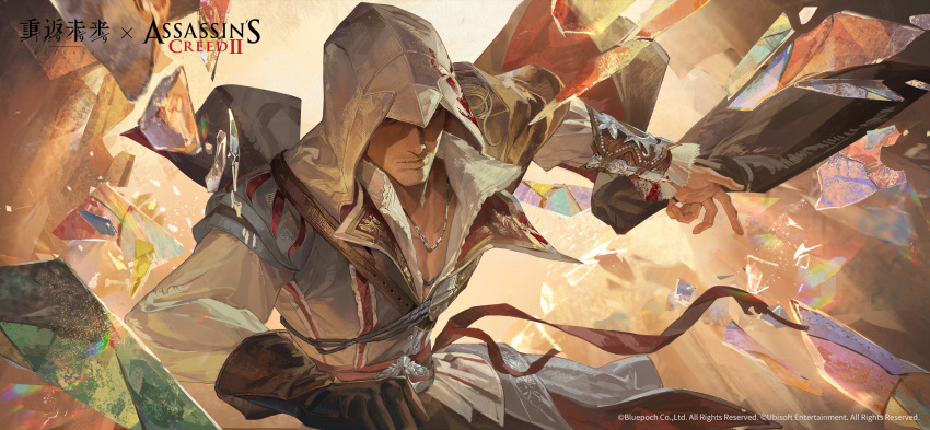 1boy, assassin's_creed_(series), assassin's_creed_ii, beard_stubble, broken_glass, brown_cape, brown_gloves, cape