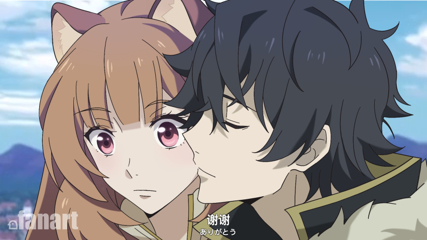 1boy, 1girl, animal_ear_fluff, animal_ears, black_hair, black_shirt, blue_sky, blunt_bangs