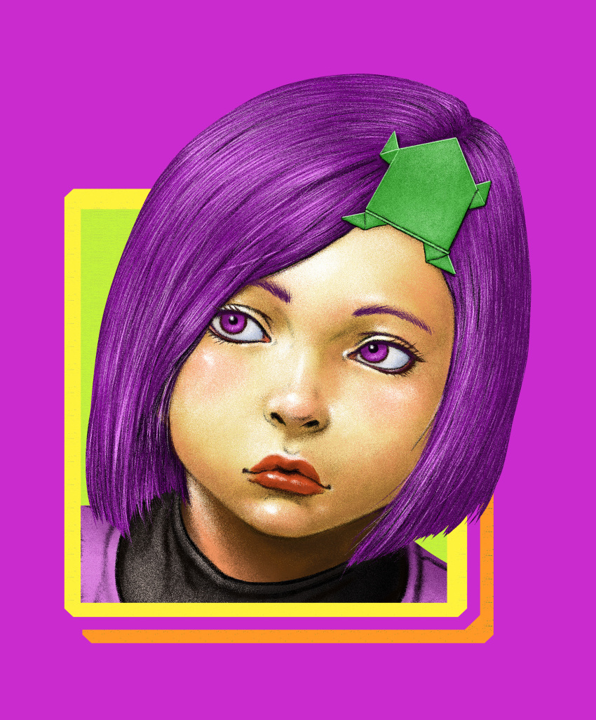 1boy, absurdres, bishounen, bob_cut, child, close-up, closed_mouth, commentary_request, higashikata_tsurugi, highres, jojo_no_kimyou_na_bouken, jojolion, makeup, origami_frog, paper_moon_king, portrait, purple_background, purple_hair, red_lips, short_hair, solo, trap, user_zwnh8824, violet_eyes