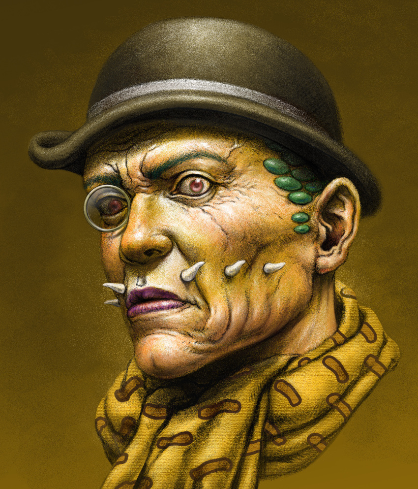 1other, absurdres, akefu_satoru, black_hat, bowler_hat, brown_background, brown_scarf, commentary_request