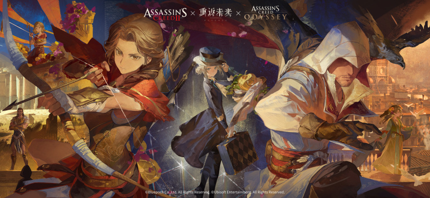 2boys, 4girls, adjusting_clothes, adjusting_headwear, alexios_(assassin's_creed), apple, apple_(reverse:1999), apple_(the_fruit_of_wisdom)_(reverse:1999)