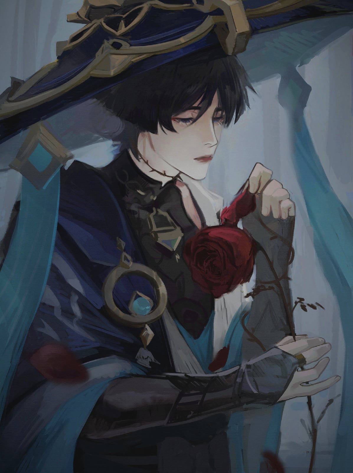 1boy, black_eyes, black_hair, brooch, clothing_request, commentary, english_commentary, flower, genshin_impact, hat, highres, holding, holding_flower, holding_petal, jewelry, male_focus, nikily, petals, red_flower, red_rose, rose, scar, scar_on_neck, scaramouche_(genshin_impact), short_hair, solo, wanderer_(genshin_impact)