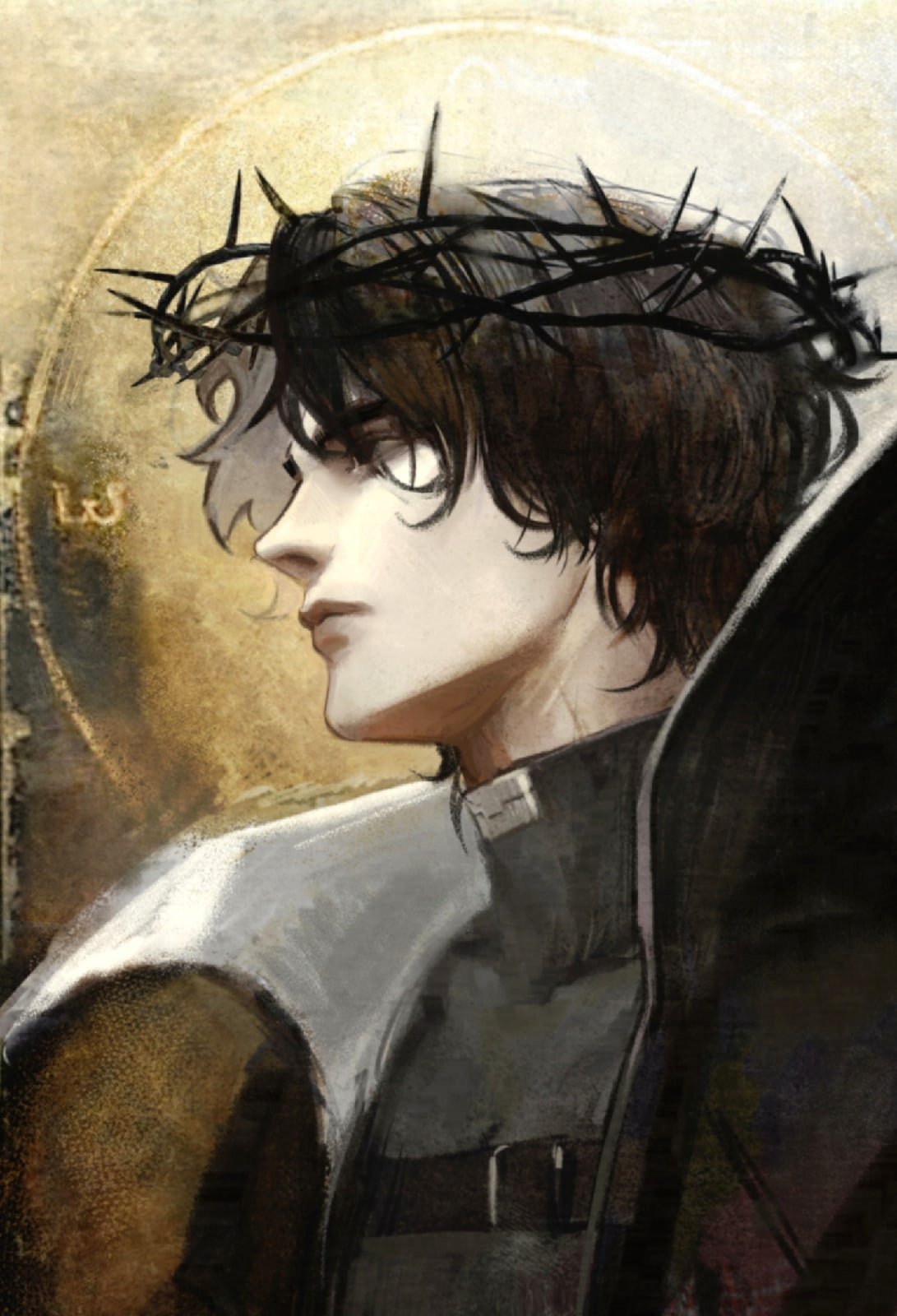 1boy, black_coat, black_eyes, black_hair, chest_belt, coat, commentary, compass_print, crew_neck, crown_of_thorns, curtained_hair, english_commentary, halo, halo_behind_head, highres, looking_to_the_side, male_focus, messy_hair, nikily, omniscient_reader's_viewpoint, painterly, popped_collar, serious, short_hair, solo, yoo_joonghyuk