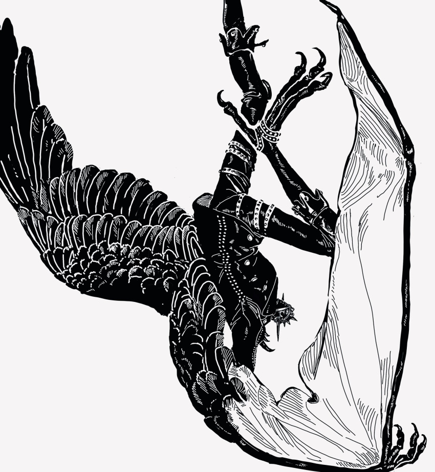 1boy, asymmetrical_wings, bird_legs, bisphonate, black_jacket, black_pants, feathered_wings, gimp_mask, goggles, goggles_on_head, highres, jacket, king_(one_piece), looking_at_viewer, male_focus, mask, monochrome, one_piece, pants, shoulder_spikes, simple_background, solo, spikes, upside-down, wings