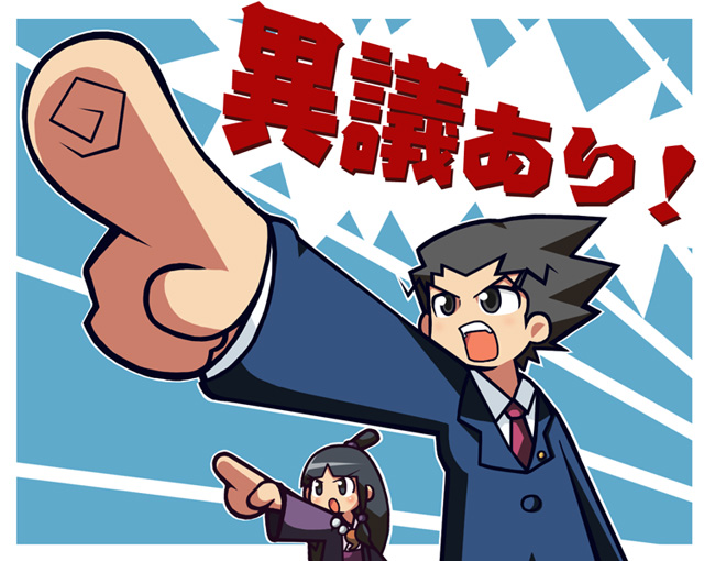 !, 1boy, 1girl, ace_attorney, amazake_(manuke_no_oukoku), attorney's_badge, badge, black_hair