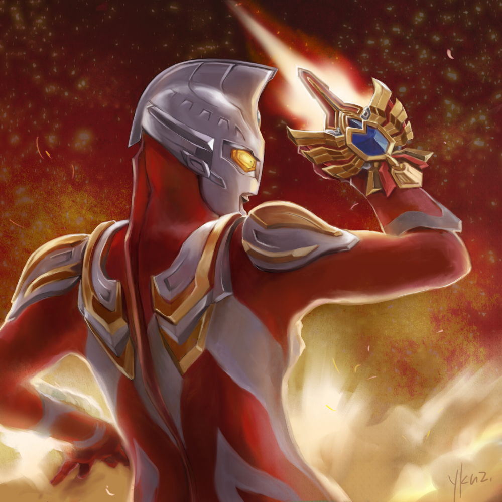 1boy, alien, arm_guards, arm_up, armor, artist_name, blue_gemstone, breastplate