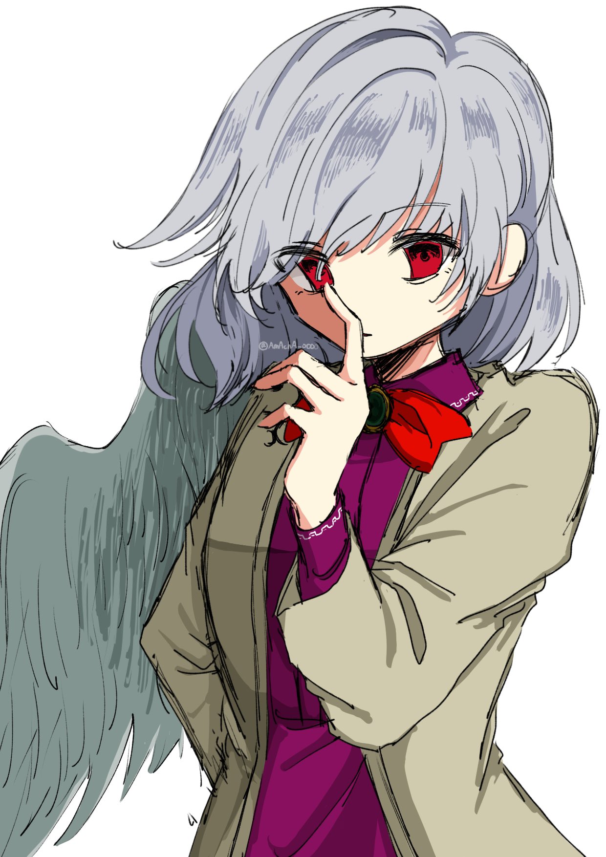 1girl, amacha_0000, bow, bowtie, collared_shirt, expressionless, finger_to_mouth, hand_up