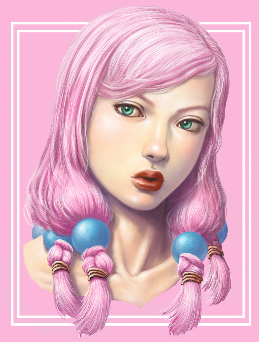 1girl, absurdres, border, collarbone, commentary_request, cropped_shoulders, green_eyes, hair_bobbles