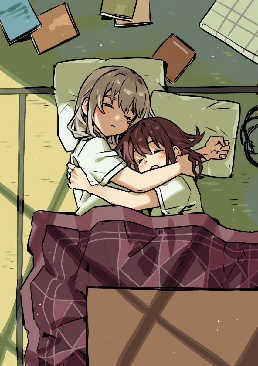 2girls, absurdres, blush, book, closed_eyes, commentary, cuddling, from_above