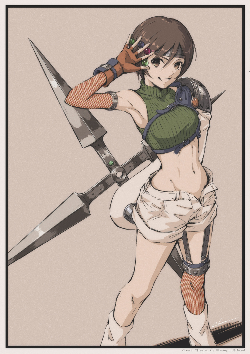 1girl, absurdres, armor, armpits, asymmetrical_sleeves, breasts, brown_eyes, brown_hair