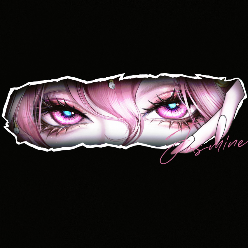 1girl, absurdres, black_background, character_name, chinese_commentary, commentary, diffraction_spikes, eye_focus, glitter_makeup, hair_between_eyes, half-closed_eyes, highres, jasmine_(path_to_nowhere), looking_at_viewer, nail_polish, path_to_nowhere, pearl_hair_ornament, pink_eyes, pink_hair, pink_nails, simple_background, solo, yu_zhezhe