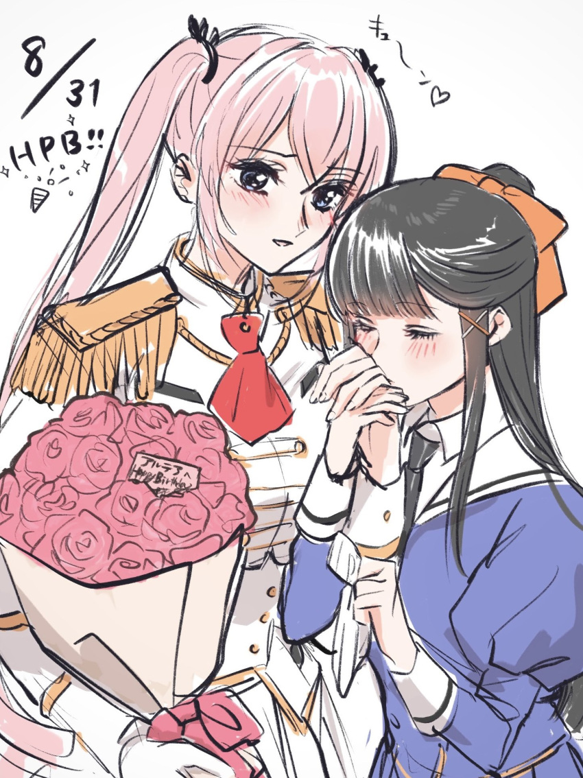 2girls, altea_alessandrini, assault_lily, black_hair, black_necktie, black_ribbon, blue_eyes, blue_jacket
