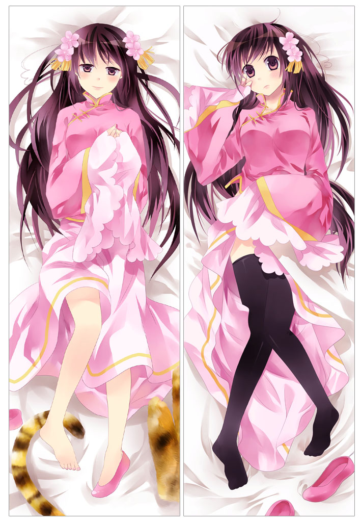 barefoot, bed_sheet, black_legwear, blush, brown_eyes, brown_hair, dakimakura, dress