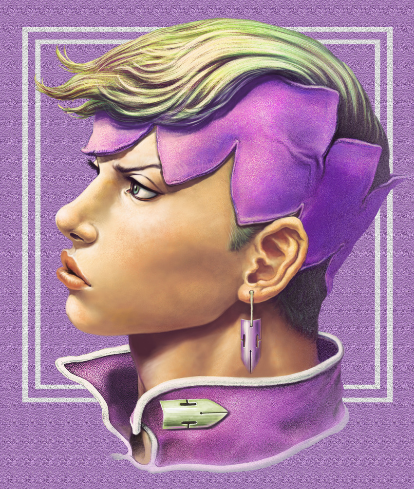 1boy, absurdres, adam's_apple, border, commentary_request, earrings, green_eyes, green_hair