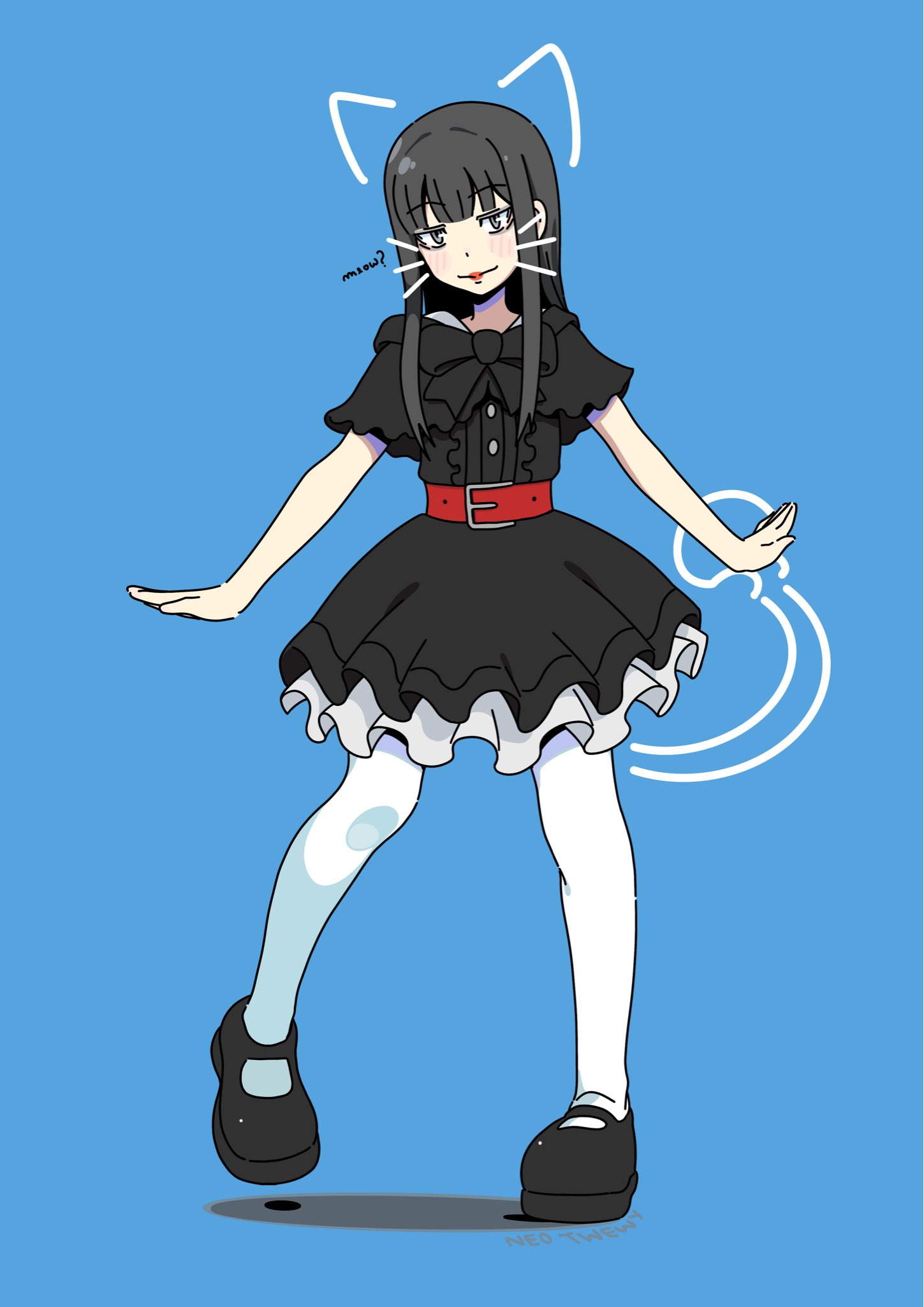 1girl, alternate_costume, animal_ears, arms_at_sides, belt, black_bow, black_dress, black_hair