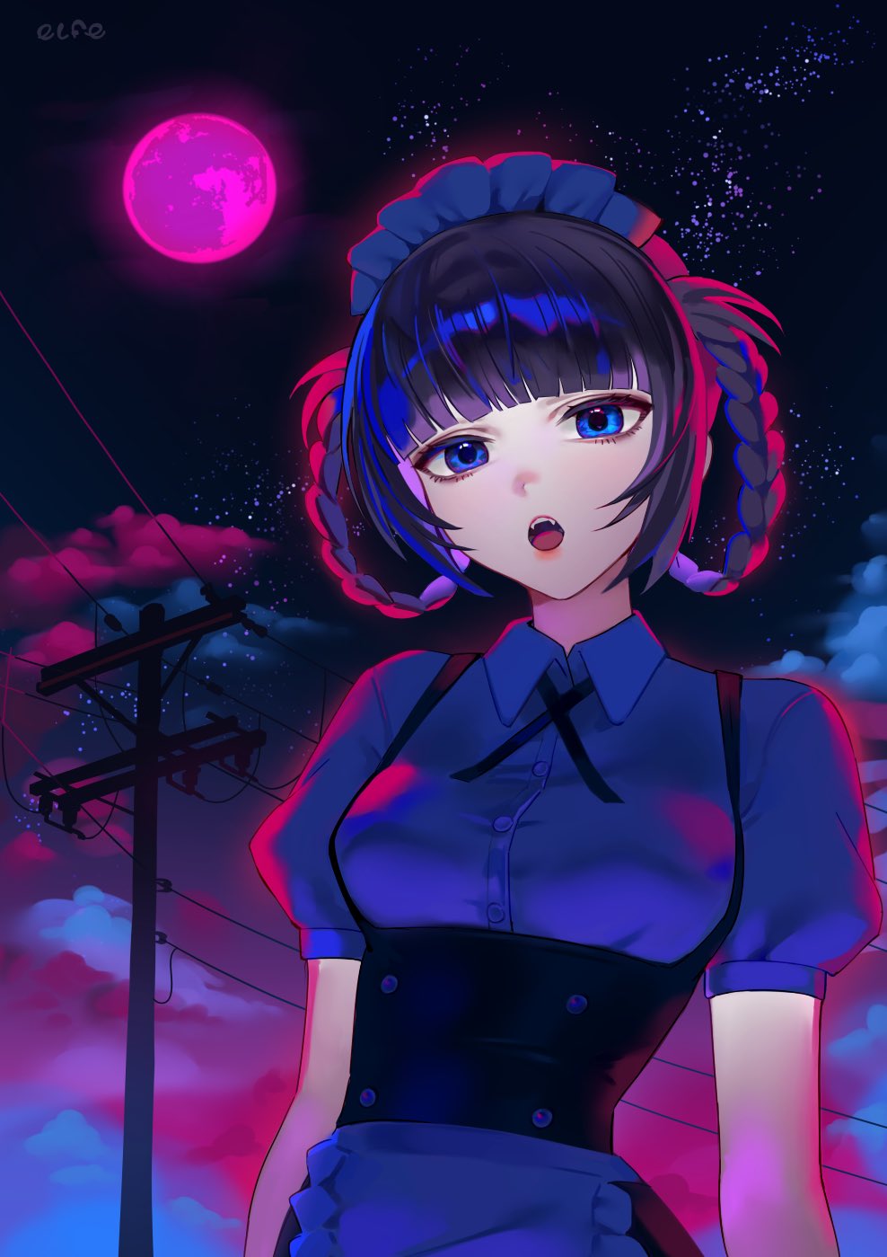 1girl, apron, artist_name, black_corset, blue_eyes, blunt_bangs, braid, braided_hair_rings